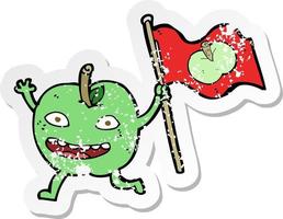 pegatina retro angustiada de una manzana de dibujos animados con bandera vector