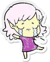 distressed sticker of a cartoon crying elf girl vector