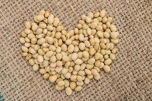 soy bean in heart shape on sack background. photo