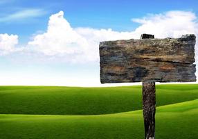 Wood sign with grass and blue sky photo