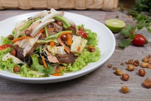 Thai salad with carrot, tomato, glass noodle, celery and pork photo