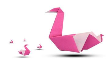 Pink origami bird on white background photo