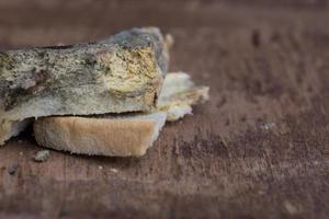 Mouldy bread on cutting board photo