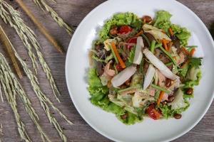 Ensalada thai con zanahoria, tomate, fideos de vidrio, apio y cerdo foto