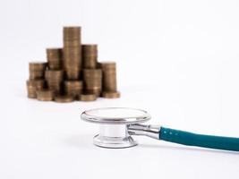 Stethoscope on coin stack, on white background. money for health care, Financial Aid, concept photo