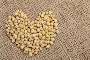 soy bean in heart shape on sack background. photo