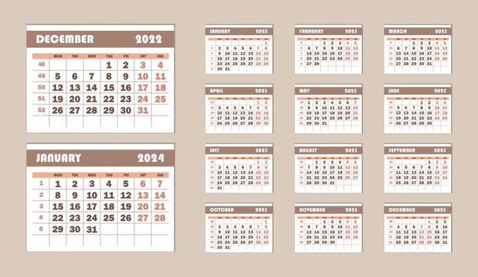 Wall calendar template for the year 2023. Work calendar with week numbers. The week starts on Monday. Monthly calendar in pastel colors.