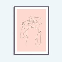 Beautiful girl with hat standing stylish woman body woman in hat one line drawing wall art poster design vector