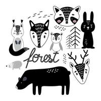 Vector hand-drawn colored children's set with cute forest animals in Scandinavian style on a white background. Scandinavian children's set with animals. Children's print.