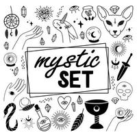 Mystic line elements. Magic icons hand drawn doodle minimalistic mysterious objects. Vector witch magic design elements.