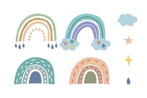 A set of rainbows with hearts, clouds, rain in a children's Scandinavian style, isolated on a white background. Perfect for kids, posters, prints, postcards, fabric. vector