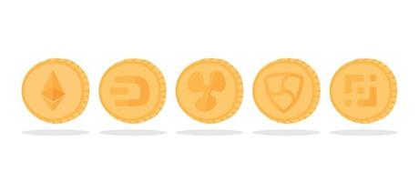 A set of cryptocurrency logos - Ethereum, ripple, dash, nem, binance coin. Gold coins with a cryptocurrency symbol. vector