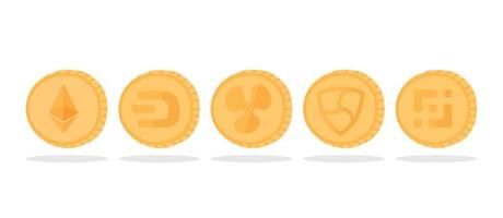 A set of cryptocurrency logos - Ethereum, ripple, dash, nem, binance coin. Gold coins with a cryptocurrency symbol. vector