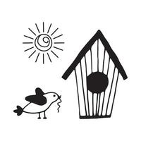 Bird and birdhouse, doodle vector isolated. Preschool education, study position of the object. Bird with worms in its beak.