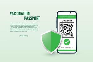 Vector Covid-19 vaccine passport on smartpnone with OR code immune certified. Mobile phone with shield.