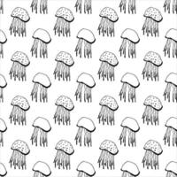 Seamless vector pattern of a sea jellyfish on a white background. Drawn by hand. Doodle illustration. Wrapping paper, wallpaper, fabric printing, restaurant menus.