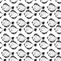 Seamless vector pattern of flounder fish on a white background. A hand drawn doodle. Sea fish and fishing. For the design of albums, wrapping paper, printing on fabric, for boys.