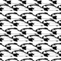 Seamless vector pattern of pink salmon sea fish on a white background Drawn by hand. Doodle illustration. Wrapping paper, wallpaper, fabric printing, restaurant menus.