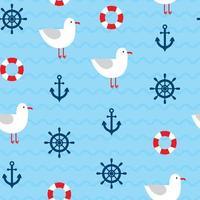 Blue sea background with seagulls, steering wheel, anchor and lifeguard circle. vector