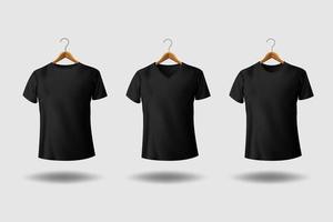 black t-shirt with wooden hanger mockup vector