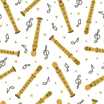 Flute seamless vector pattern. Hand drawn wooden, bamboo block flute. Bright pipes, notes isolated on white. Musical instrument for classical, folk melodies. Flat cartoon background for web, print
