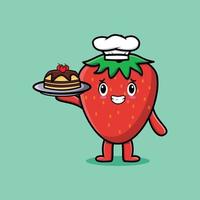 Cute Cartoon chef strawberry serving cake on tray vector