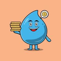 Cute cartoon water drop hold in stacked gold coin vector