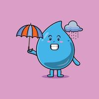 Linda gota de agua de dibujos animados bajo la lluvia con paraguas vector