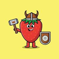 Cute cartoon Strawberry viking pirate hold hammer vector