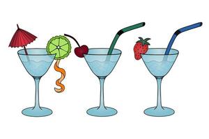 Martini with ice cubes and a straw in a wine glass. Set of vector illustrations. Alcoholic drinks decorated with strawberries, cherries, lime wedges, orange zest and umbrella. Isolated background.