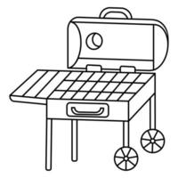 Grill brazier. Barbecue on wheels. Sketch. Rectangular container with a lid for frying food. Vector illustration. Coloring book for children. Outline on isolated background. Doodle style.