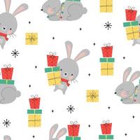 Happy new year pattern with cute bunny. Funny rabbit gives a gift. Chinese symbol 2023 new year. Animal cartoon character. Christmas background. For wrapping paper, textiles, fabric vector