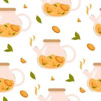 Glass teapot with fruit on white background. Tea shop, cafe-bar menu, tea party, beverages concept. Vector illustration. Poster, banner, card, cover, menu, postcard. Design of a pattern for packaging