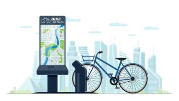 Bike rental station terminal on modern cityscape street. Bicycle rent location city map on self service counter screen. Public cycle transport sharing. Urban eco transportation. Vector banner