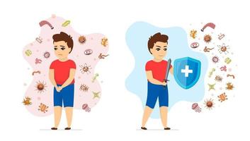 Children healthy and disease immune system comparison concept. Strong immunity boy protected from viruses and germs and unhealthy sick kid susceptible to infection. Bacteria prevention and protection vector