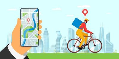 Bicycle delivery ordering service app banner concept. Hand holding smartphone with geotag location pin on city map and express carrying courier on bike with backpack. Food and goods online order. Eps