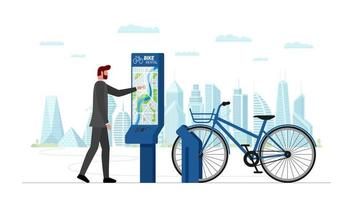 Man touching bike rental station terminal screen on modern cityscape street. Businessman chooses bicycle rent location on self service counter. Public cycle eco transport sharing vector eps banner