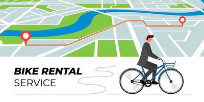 Man rides rented bike against city map with route. Bicycle rental service banner template. Public cycle transport sharing design concept. Urban eco transportation rent advertising. Vector illustration