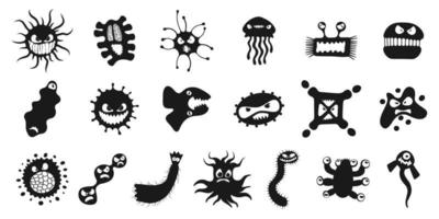 Microorganism virus vector cartoon bacteria germ character set. Bacterium illness infection collection microbiology illustration. Microbe pathogen monster organism black and white vector illustration