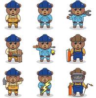 ilustración vectorial de la construcción de osos, constructor, electricista, soldador y dibujos animados de manitas. lindo oso ingenieros trabajadores, constructores personajes aislados ilustración de dibujos animados. vector