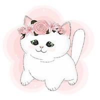 lindo gatito con una corona de flores en la cabeza, ilustración vectorial de moda, estampado textil vector