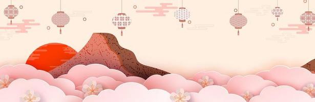 ilustración de una montaña entre flores, farolillos y nubes. en primer plano hay flores de primavera. patrones japoneses y chinos. estilo plano plantilla para una tarjeta navideña, banner, página web.vector