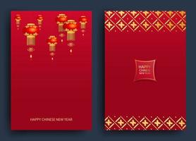 A set of cards for the celebration of the Chinese New Year. Patterns, lanterns on a red background. Vector illustration