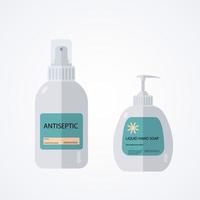 Hand press alcohol disinfectant gel bottle for disinfection and antibacterial liquid soap. Isolated over white background. Precautions in the fight against coronavirus. Vector illustration