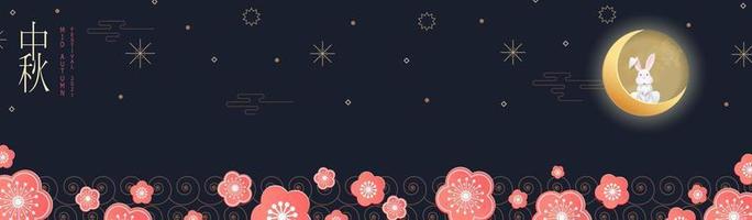 Banner design with traditional Chinese circles patterns representing the full moon, Chinese text Happy Mid Autumn, gold on dark blue. Vector