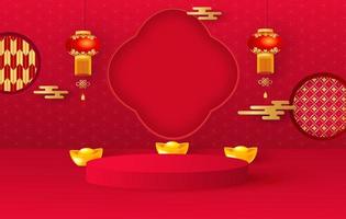 Platform and 3D studio, presentation podium. Festive background hanging lanterns, patterns and gold bars. Red round stand. Vector illustration