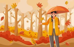 Beautiful Woman is Enjoying the Beauty of the Fallen Leaves in Autumn vector