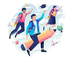 Students are flying in the sky to go back to school. A boy student with a backpack riding on a flying pencil. Vector illustration in flat style