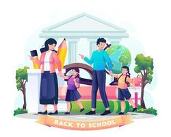 Students are escorted by their parents to school. Parents take their children to school. Back to school concept design. Vector illustration in flat style