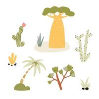 ilustración vectorial de clipart árboles de dibujos animados dibujados a mano, flores y plantas, elementos de fideos abstractos aislados en blanco. vector